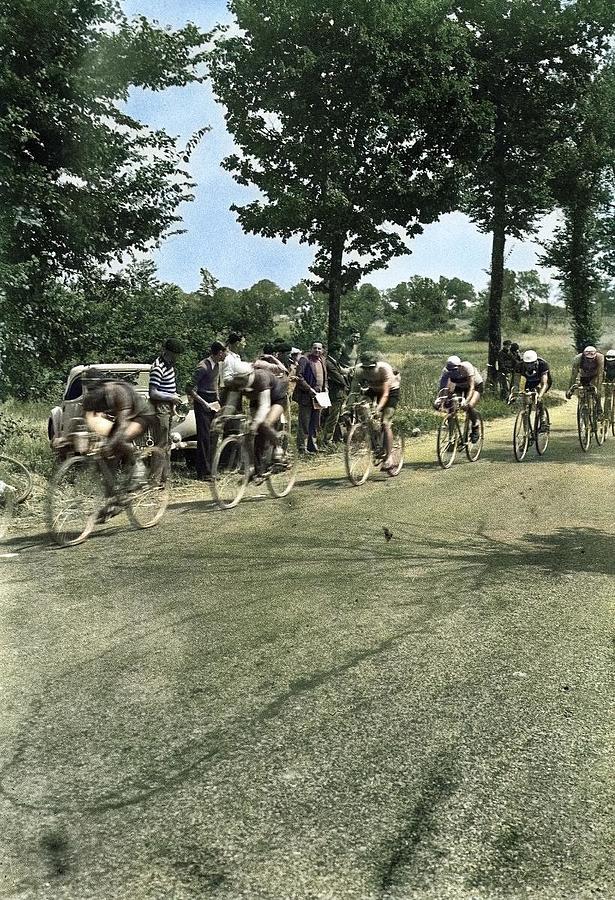 Vintage Painting - Tour de France, Circa 1930s-1940s Silver Dry Gelatin -   Ilford ISO-Zenith Plates colorized by Ahmet by Celestial Images
