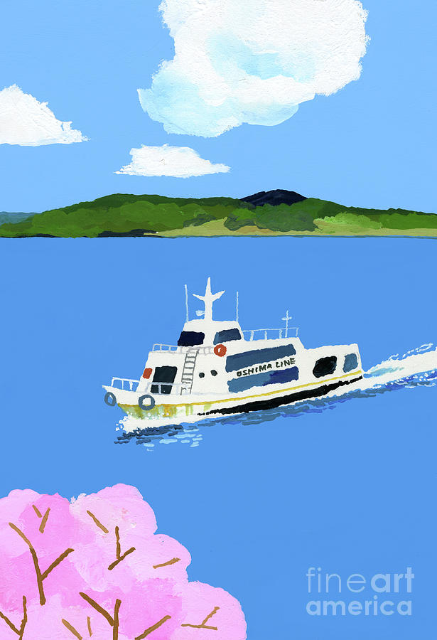 Tourist Boat And Cherry Blossom Painting by Hiroyuki Izutsu