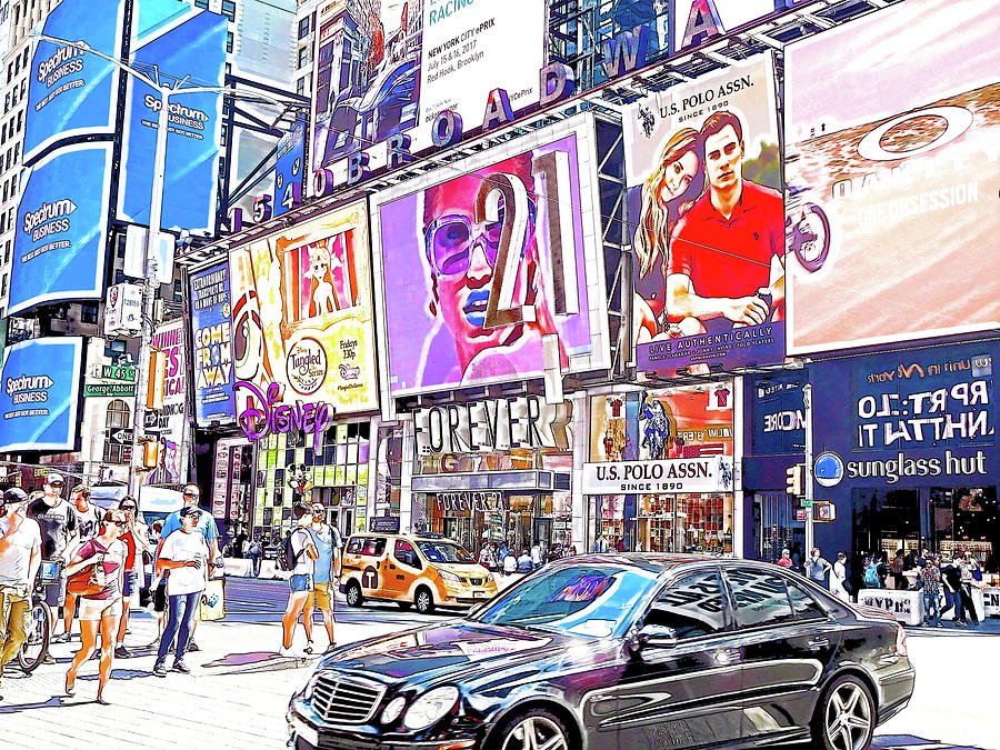 Tourists and colorful neon billboards at Times Square in New York City 2 Painting by Jeelan Clark
