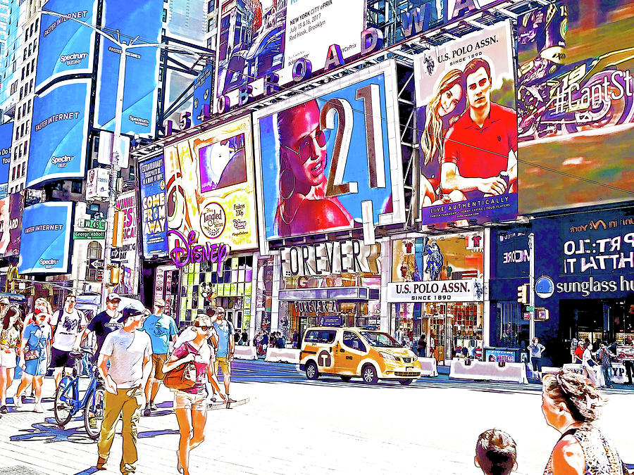 Tourists and colorful neon billboards at Times Square in New York City 3 Painting by Jeelan Clark