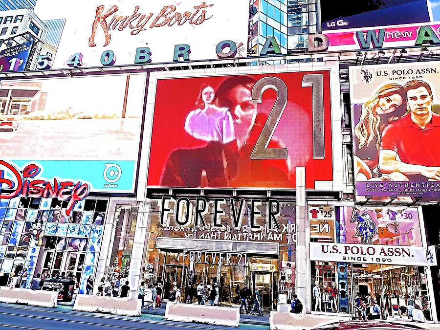 Tourists and colorful neon billboards at Times Square in New York City 4 Painting by Jeelan Clark
