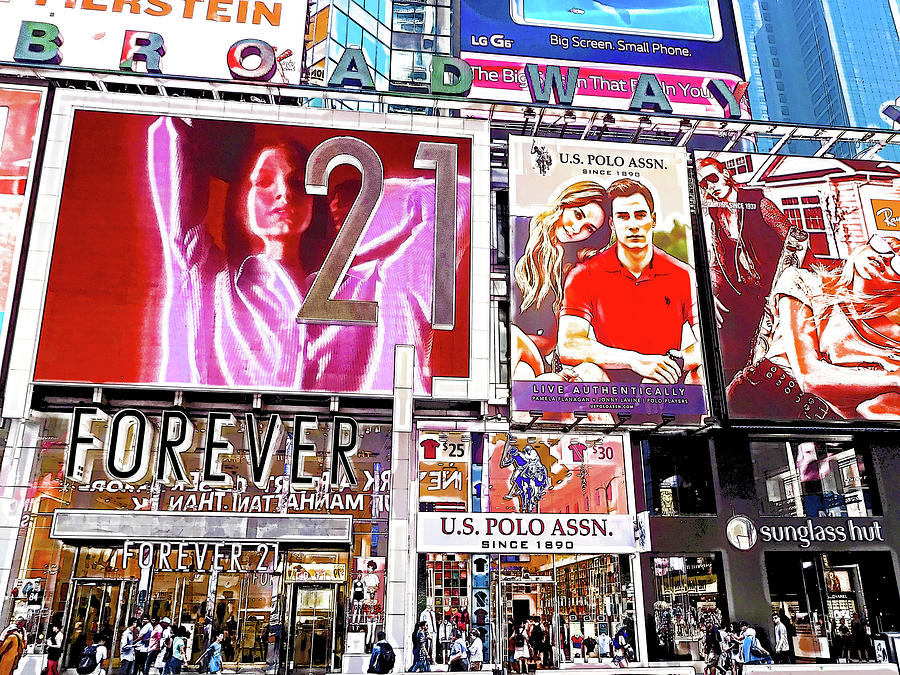 Tourists and colorful neon billboards at Times Square in New York City 5 Painting by Jeelan Clark