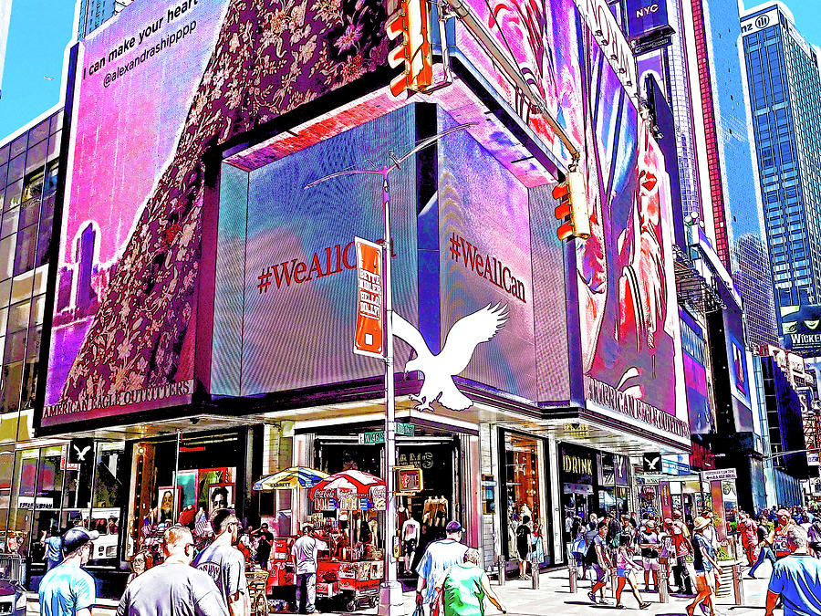 Tourists and colorful neon billboards at Times Square in New York City 7 Painting by Jeelan Clark