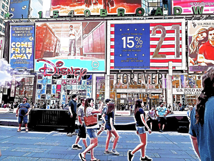 Tourists and colorful neon billboards at Times Square in New York City 8 Painting by Jeelan Clark