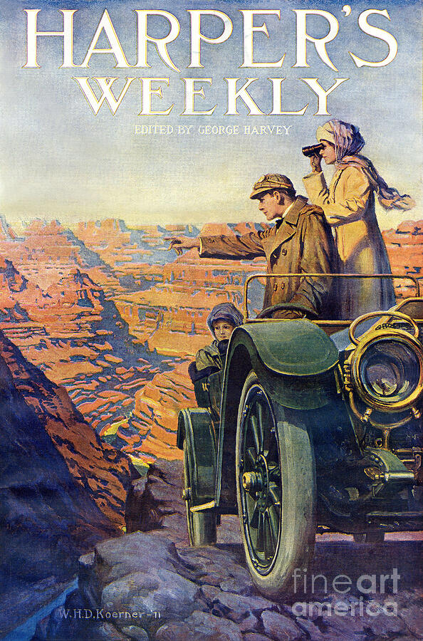 Car Drawing - Tourists In A Car Visiting The Grand Canyon Cover Of harpers Weekly, 1911 Printing by American School