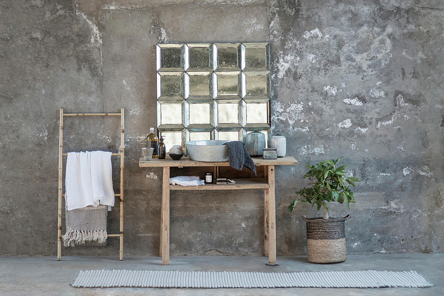 Towel Rail Next Tosink On Rustic Wooden Table Below Glass-brick Window Photograph by Magdalena Bjrnsdotter