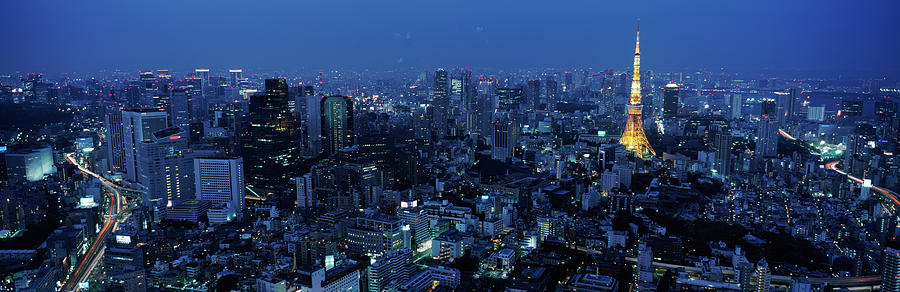 Tower Lit Up At Dusk In A City, Tokyo Photograph by Panoramic Images