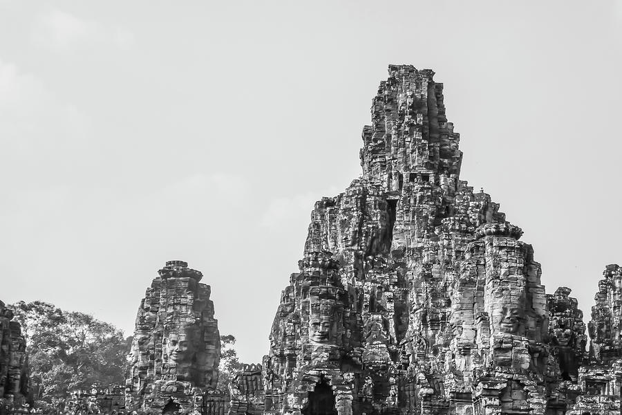 Towers at Bayon in Angkor Tom, Siem Reap, Cambodia in black and white Photograph by Karen Foley