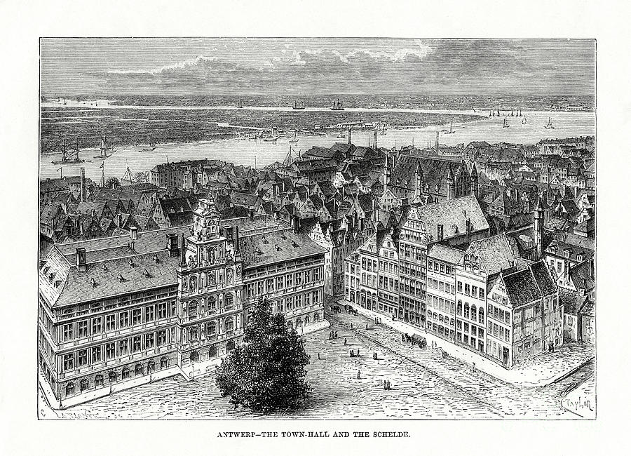 Town Hall And River Schelde, Antwerp Drawing by Print Collector