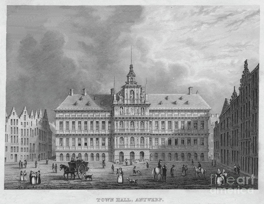 Town Hall, Antwerp, 1850 Drawing by Print Collector