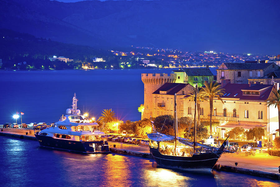 Town of Korcula yachting harbor evening view Photograph by Brch Photography