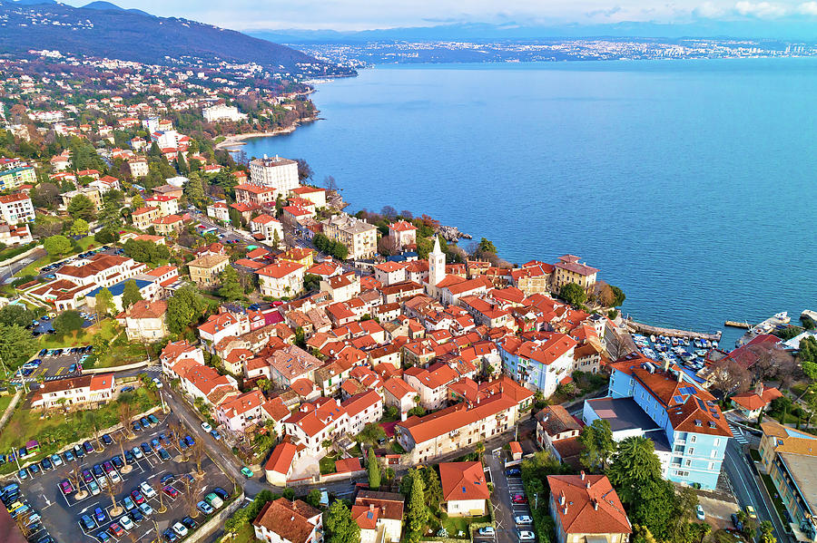 Town of Lovran and Kvarner bay aerial view Photograph by Brch Photography
