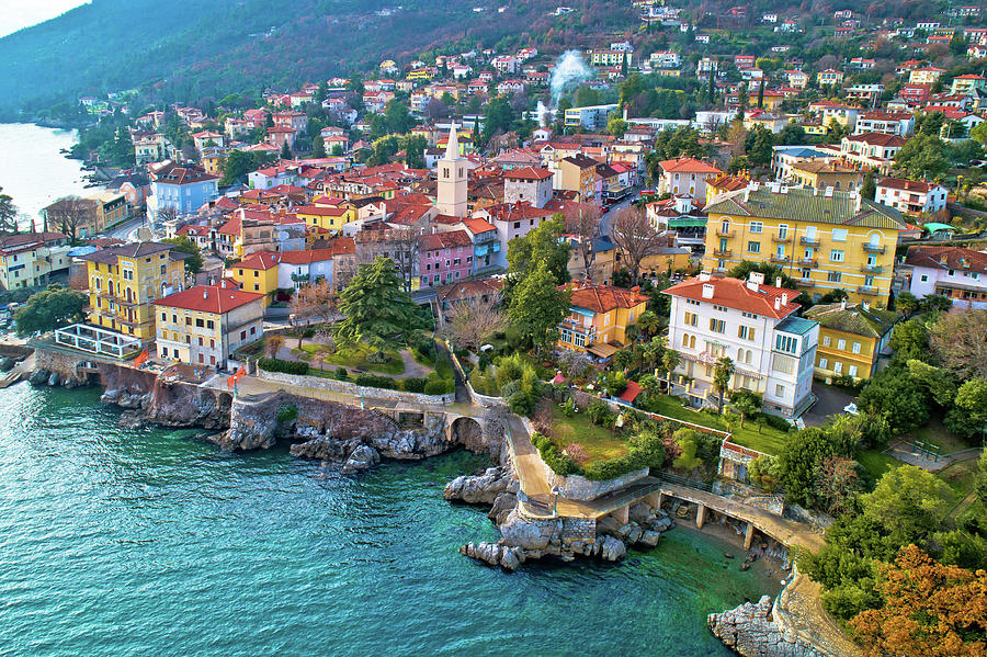 Town of Lovran and Lungomare sea walkway aerial view, Kvarner ba Photograph by Brch Photography