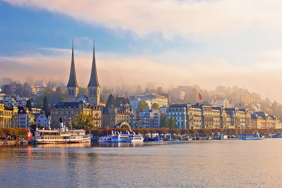 Town of Luzern morning fog view from lake Photograph by Brch Photography
