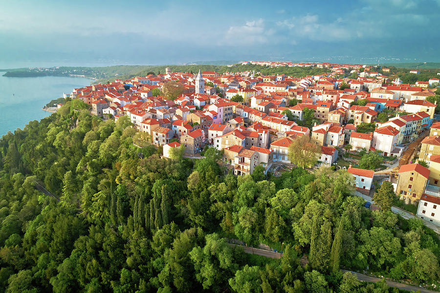 Town of Omisalj on Krk island green hill aerial view Photograph by Brch Photography