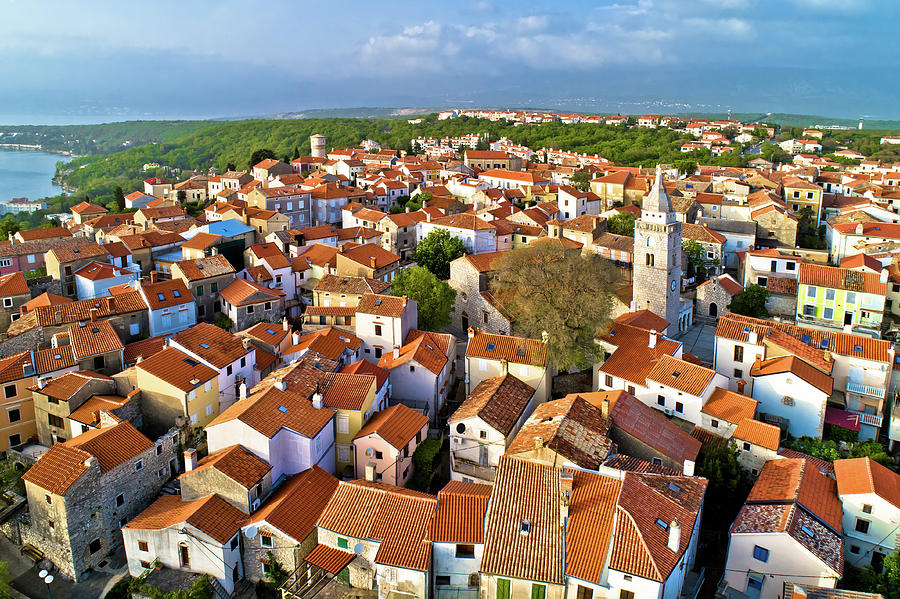 Town of Omisalj on Krk island old church and rooftops aerial vie Photograph by Brch Photography