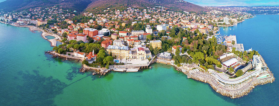 Town of Opatija and Lungomare sea walkway aerial panoramic view Photograph by Brch Photography