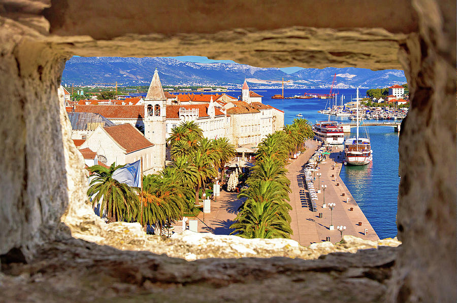 Town of Trogir waterfront and landmarks panoramic view through s Photograph by Brch Photography
