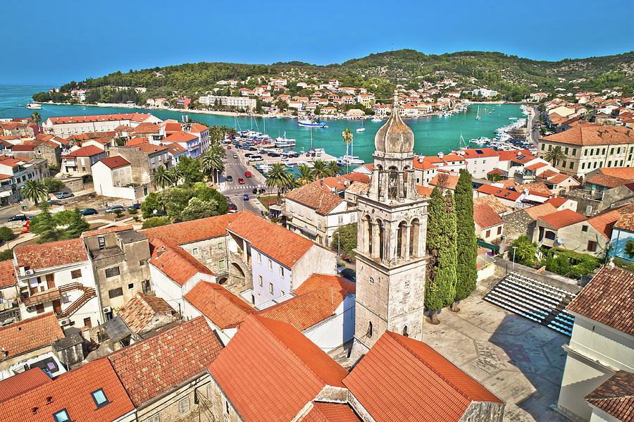 Town of Vela Luka on Korcula island church tower and coastline a Photograph by Brch Photography