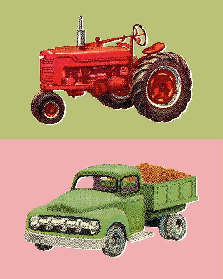 Transportation Drawing - Tractor and Pickup Truck by CSA Images