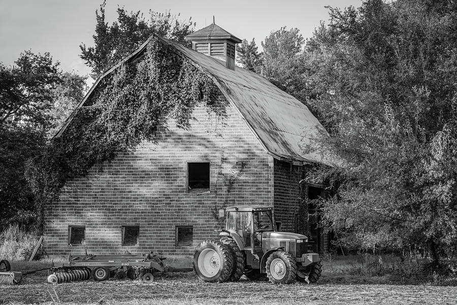 Black And White Photograph - Tractor and Vintage Barn Farmhouse - Monochrome Edition by Gregory Ballos