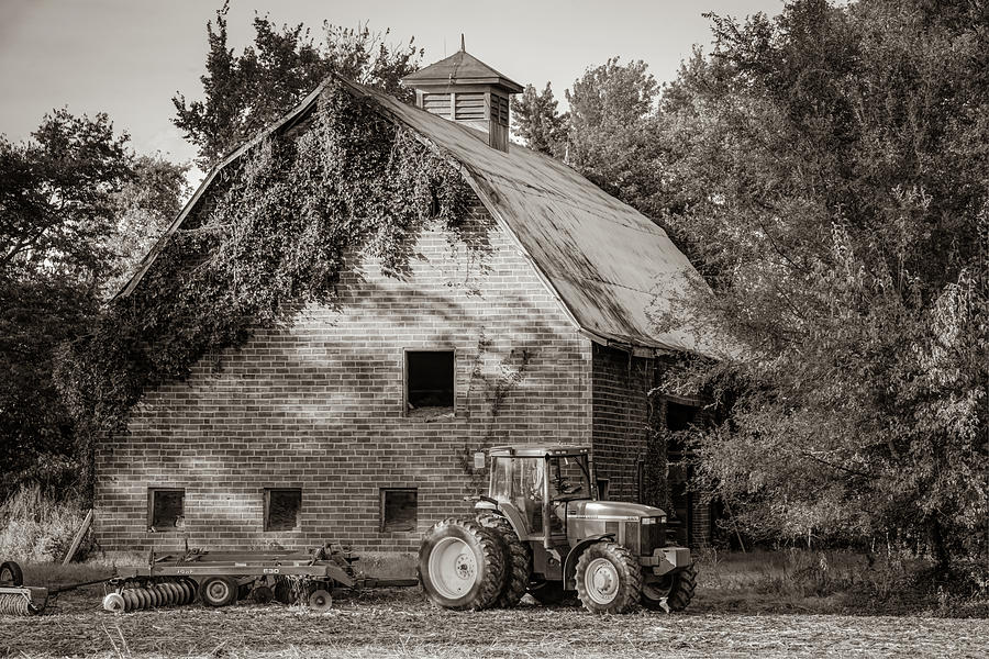 Architecture Photograph - Tractor and Vintage Barn Farmhouse - Sepia Edition by Gregory Ballos