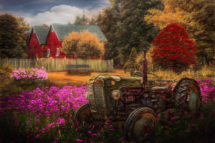 Tractor in the Garden in Fall Colors Painting Photograph by Debra and Dave Vanderlaan