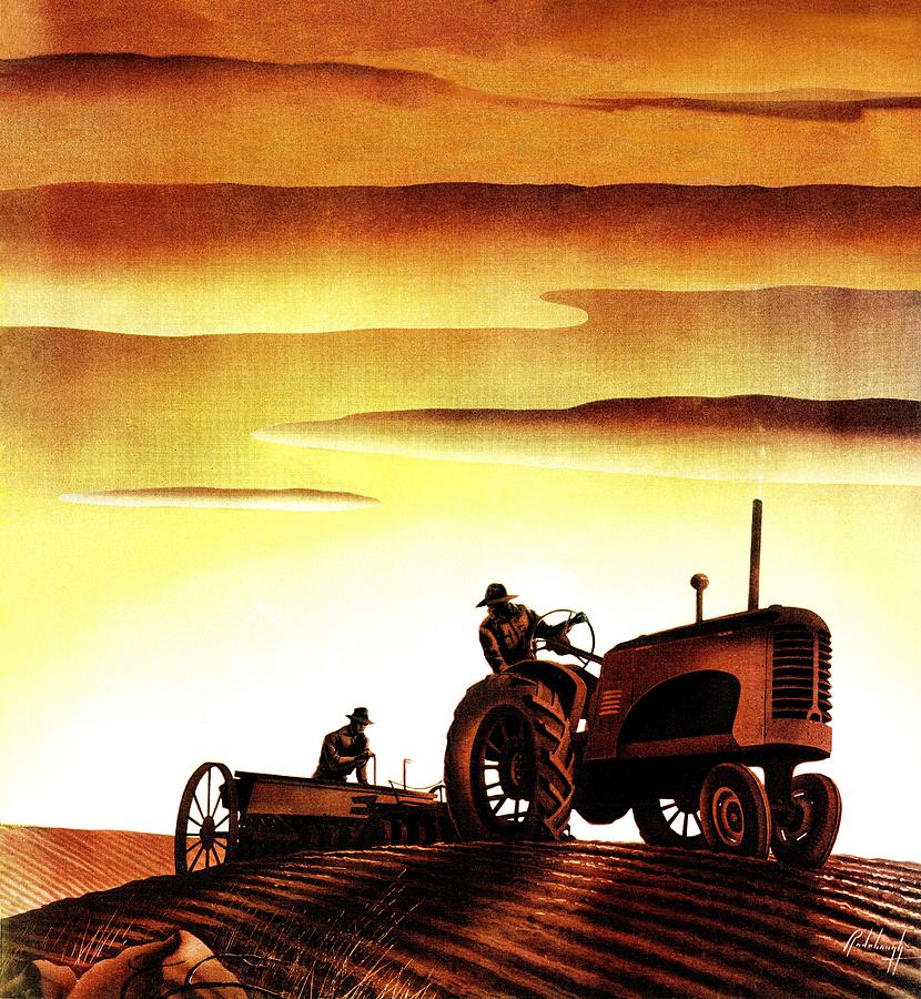 Sunset Drawing - Tractors At Sunset by Arthur C. Radebaugh