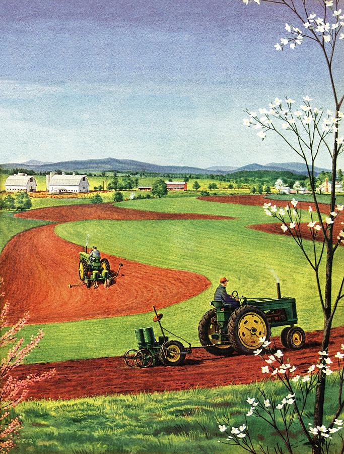Tractors In The Field Drawing by Wehr