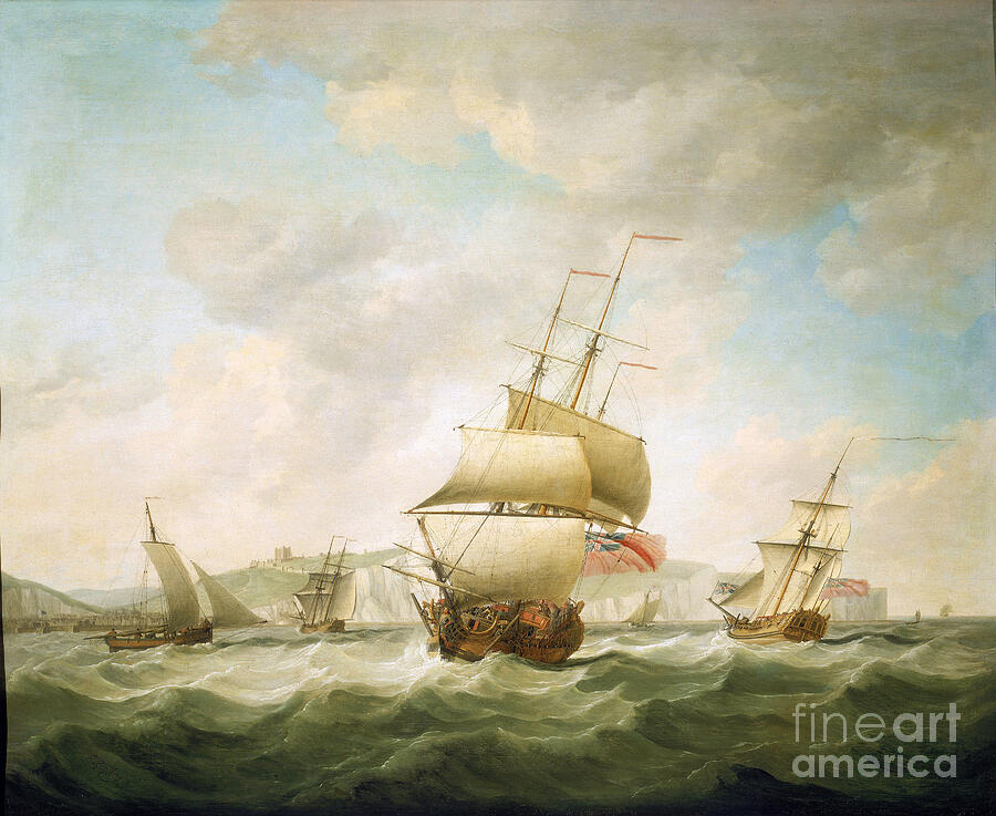 Boat Painting - Trading Ship And A Royal Yacht Beaten In The Wind, Off The Coast Of Dover England by Charles Brooking