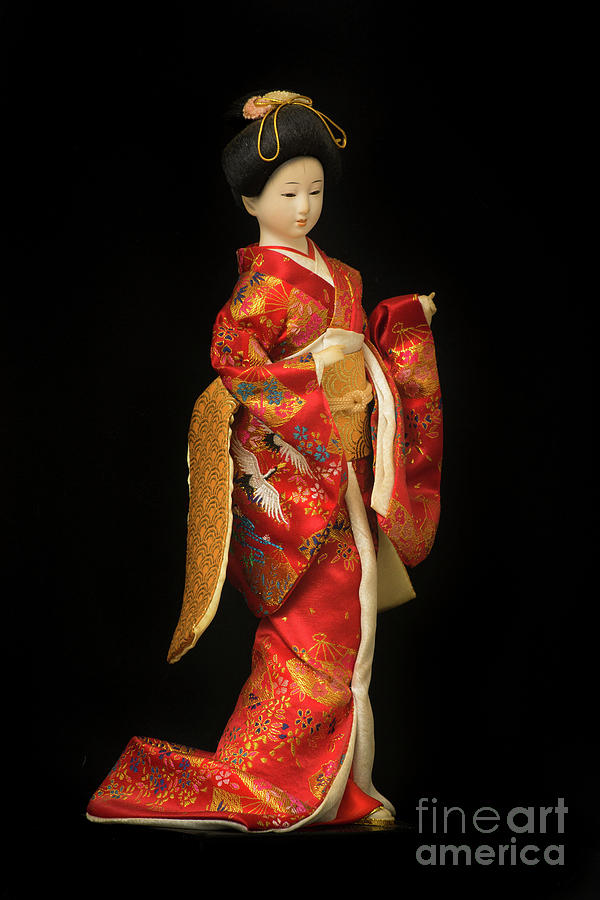 Doll Digital Art - Traditional 2 Japanese Geisha doll in red kimono isolated on black by Amy Cicconi