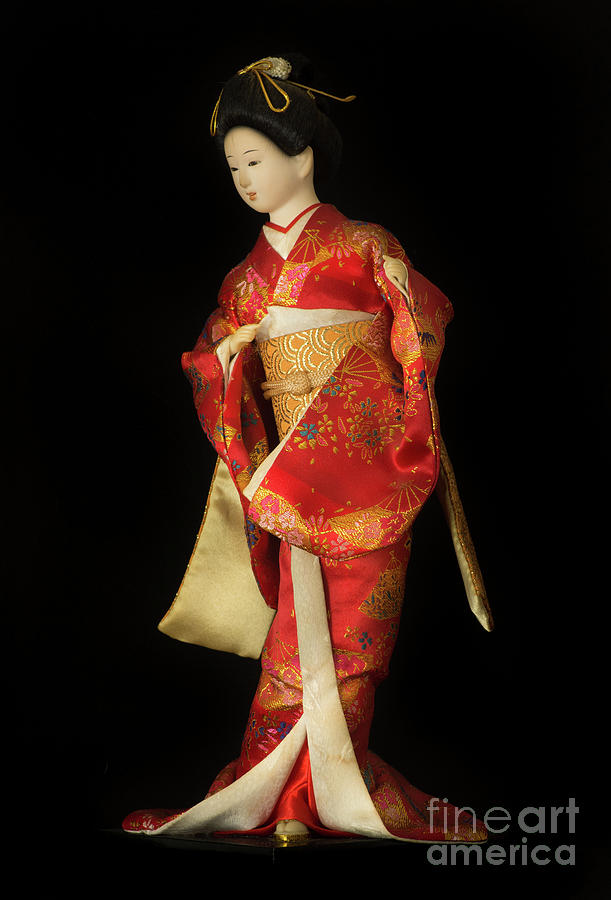Traditional 3 Japanese Geisha doll in red kimono isolated on black Digital Art by Amy Cicconi