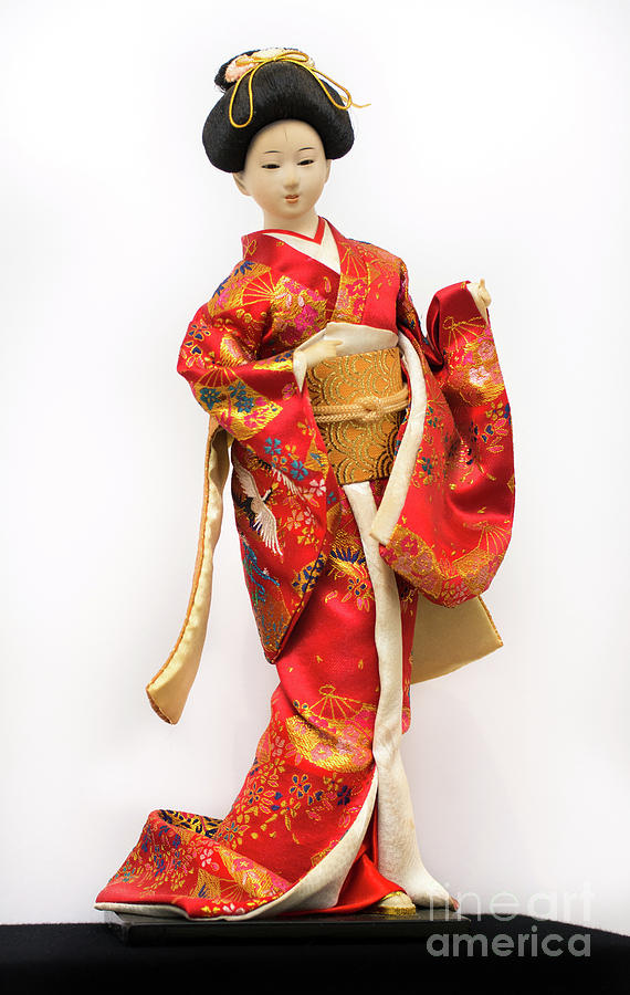 Traditional 4 Japanese Geisha doll in red kimono isolated on white Digital Art by Amy Cicconi