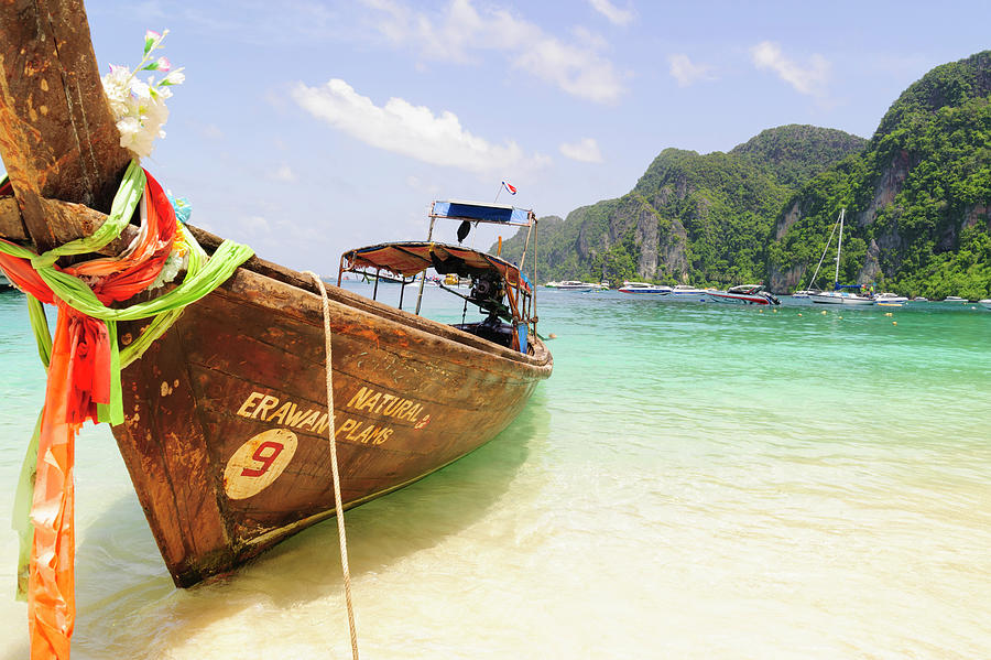 Summer Digital Art - Traditional Boat On Beach, Phi Phi Islands, Thailand by John Philip Harper