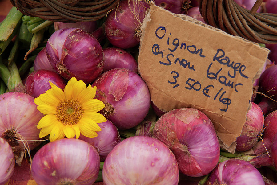 Nature Digital Art - Traditional French Market Stall With Onions On Display, Issigeac, France by Planet Pictures