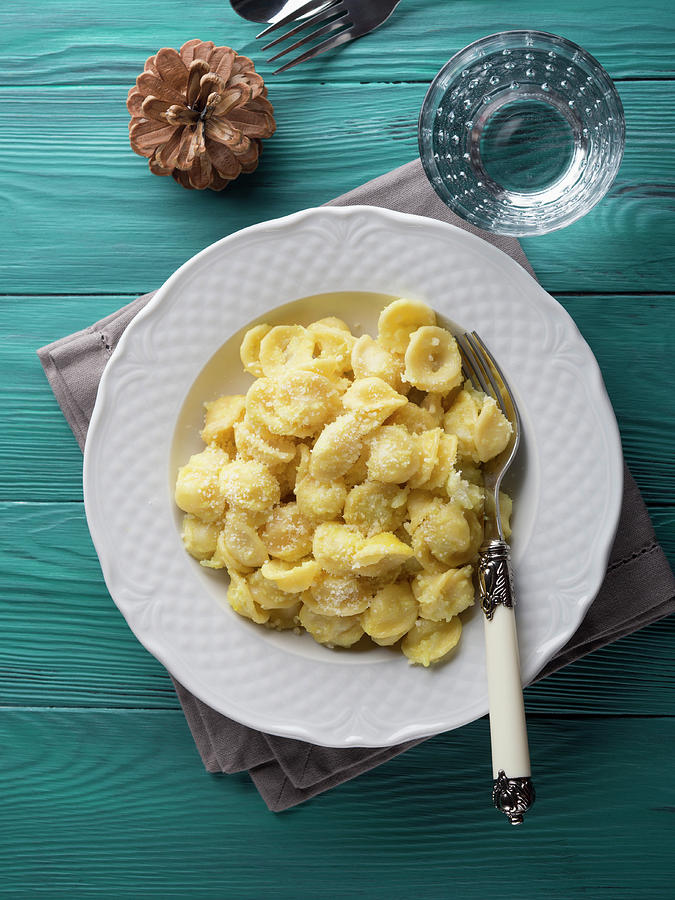 Traditional Italian Pasta Orecchiette With Spiced Cauliflower And Grated Parmesan Cheese Photograph by Sofya Bolotina