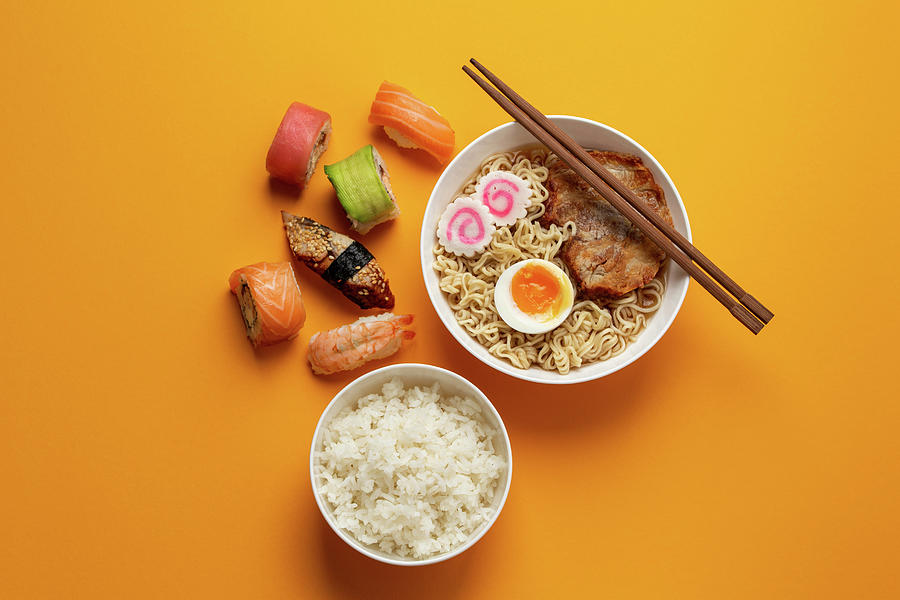 Traditional Japanese Food ramen Soup, Rice And Sushi Photograph by Olena Yeromenko