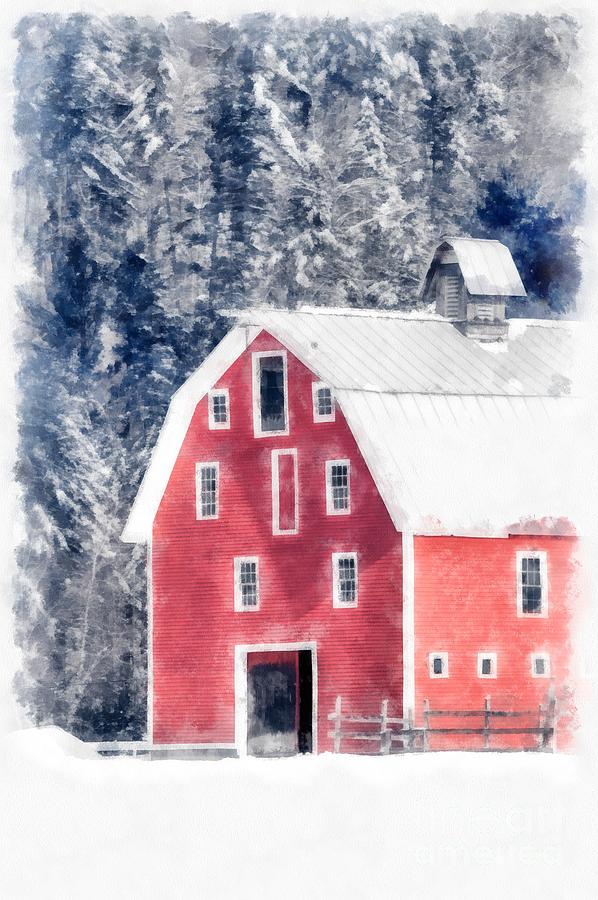 Traditional Red Barn Croydon New Hampshire Winter Watercolor Digital Art by Edward Fielding