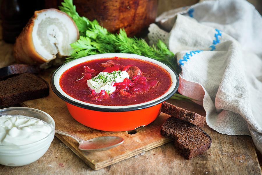 Traditional Russian And Ukrainian Soup From Beetroot Called Borscht Photograph by Irina Meliukh