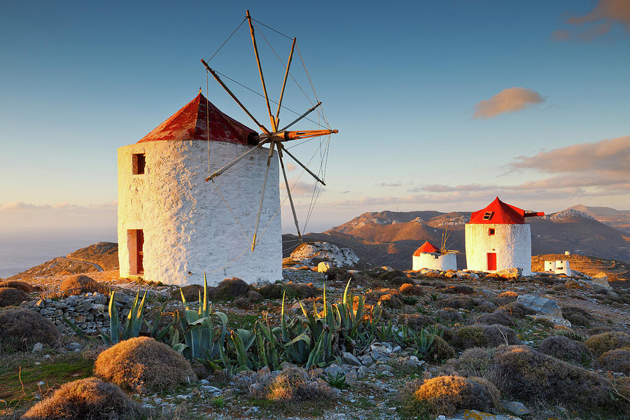 Greek Photograph - Traditional Windmills Near Chora Village On Amorgos Island In Greece. by Cavan Images