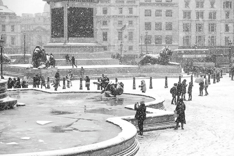 Black And White Photograph - Trafalgar Square Frozen Fountains by Claire Doherty