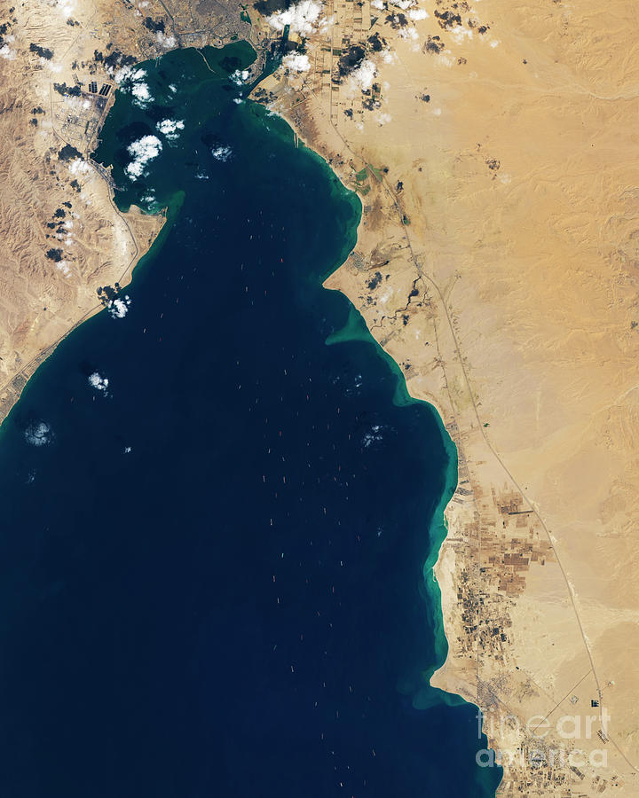 Traffic Jam On The Suez Canal Photograph by Lauren Dauphin, Joshua Stevens/nasa Earth Observatory/science Photo Library