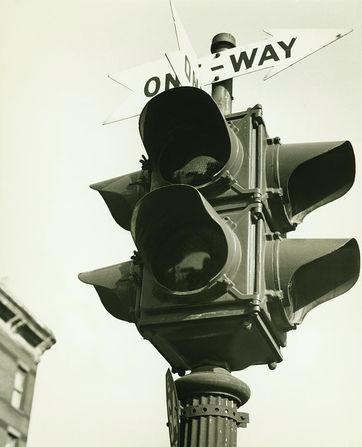 Traffic Light With Arrows, B&w, Low Photograph by George Marks