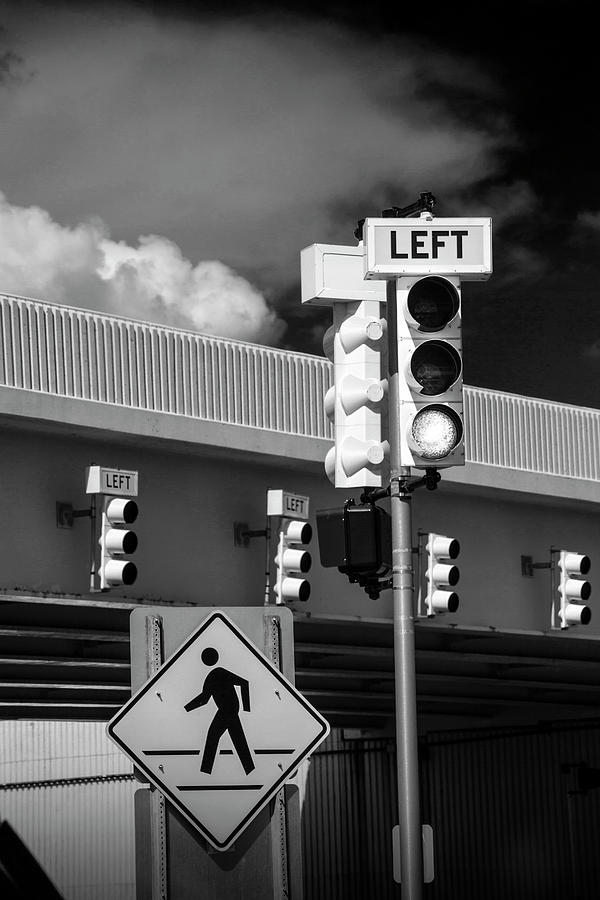 Traffic Lights and Left Turn Signal with Pedestrian Sign in Black and White Photograph by Randall Nyhof