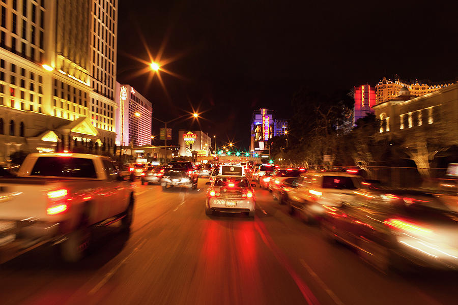Rush Hour Movie Digital Art - Traffic Moving Past Stores And Casinos On The Las Vegas Strip, Las Vegas, Nevada, Usa by Joho