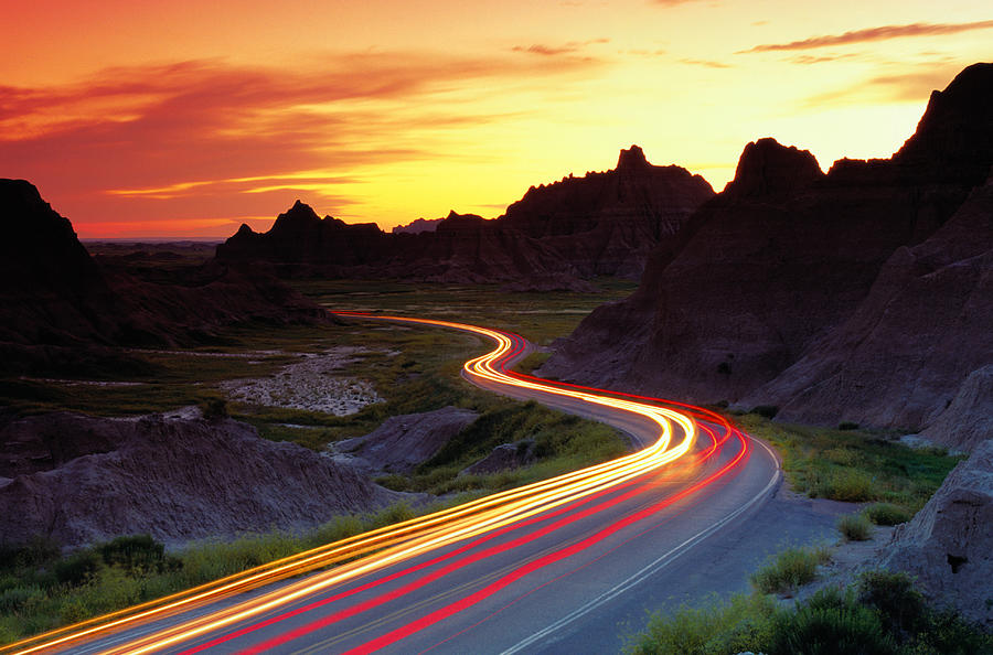 Traffice On Highway, Sunset Long Photograph by Glen Allison