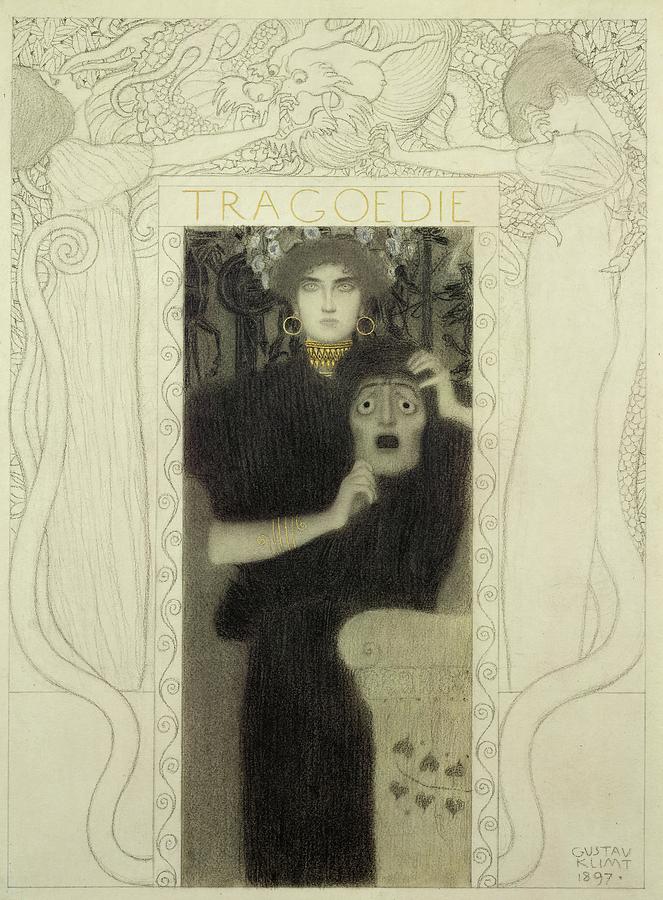 Tragedy. Study for the allegory of Tragedy. Pen and ink, white wash 48 x 31 cm. Drawing by Gustav Klimt -1862-1918-