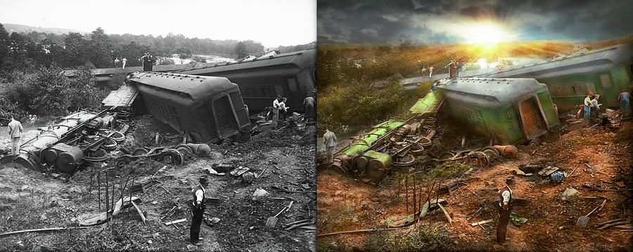 Train - Accident - Pile up on the Anacostia River 1933 - Side by Side Photograph by Mike Savad