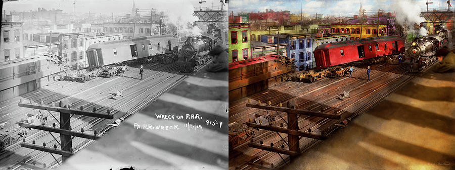 Train - Accident - The old switcheroo 1909 - Side by Side Photograph by Mike Savad