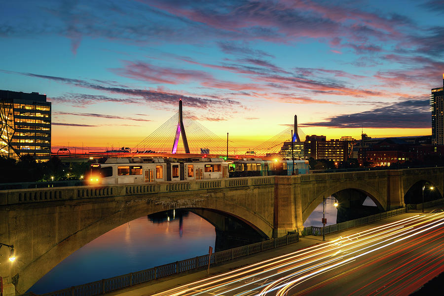 Train in Boston with Bridge and sunrise background in morning ti Photograph by Anek Suwannaphoom